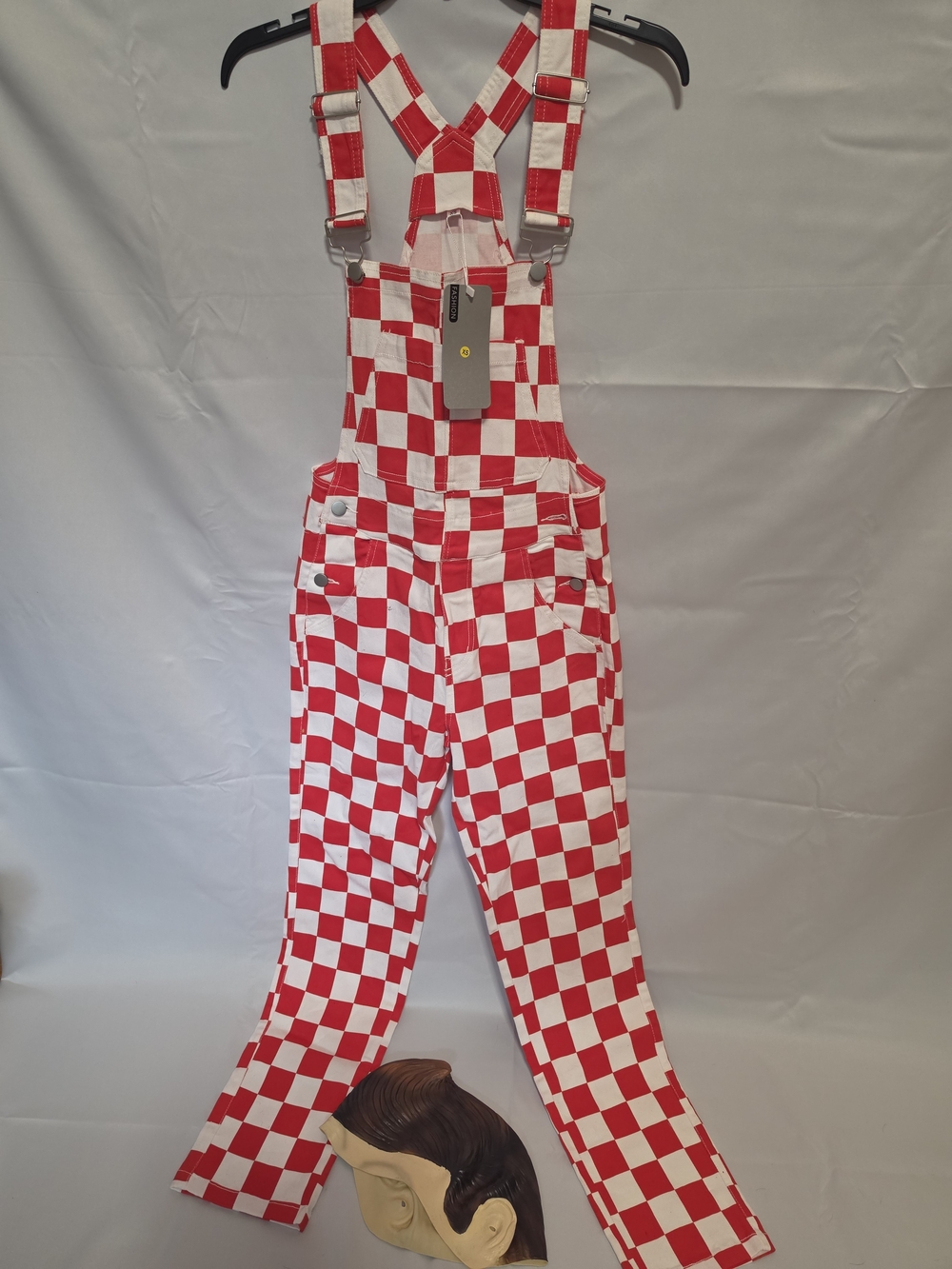 Mens XS "BIG BOY" Halloween Costume- Red & White Checkerboard Overalls And Hair